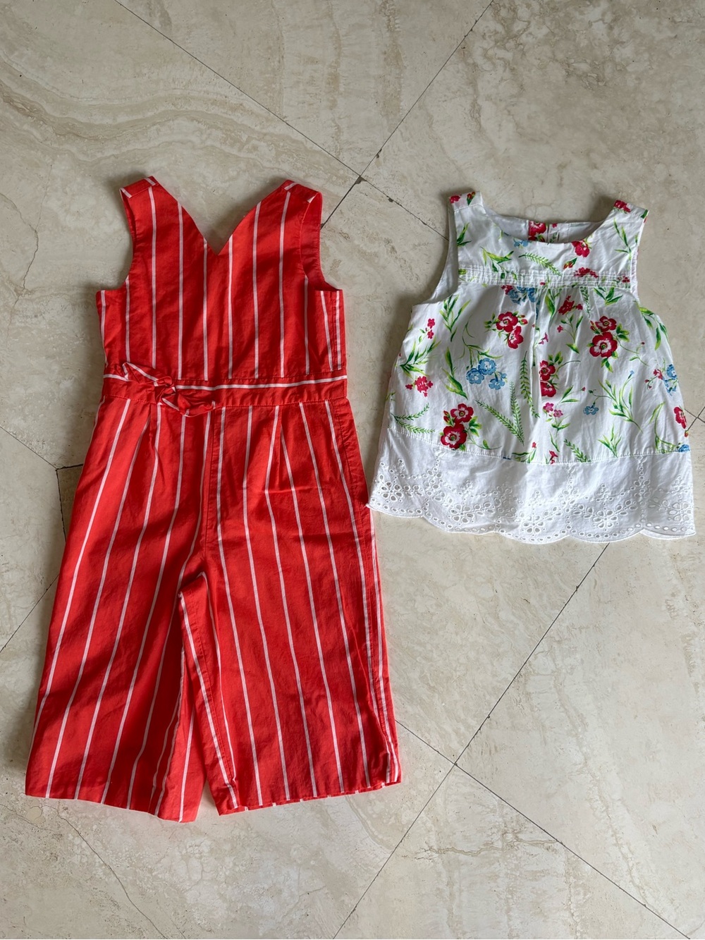 Janie and Jack Red and White Striped Jumpsuit and Floral Eyelet Top size 3
